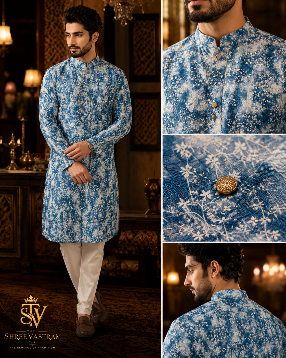 ShreeVastram Earthy Floral Blue Brocade Kurta Set